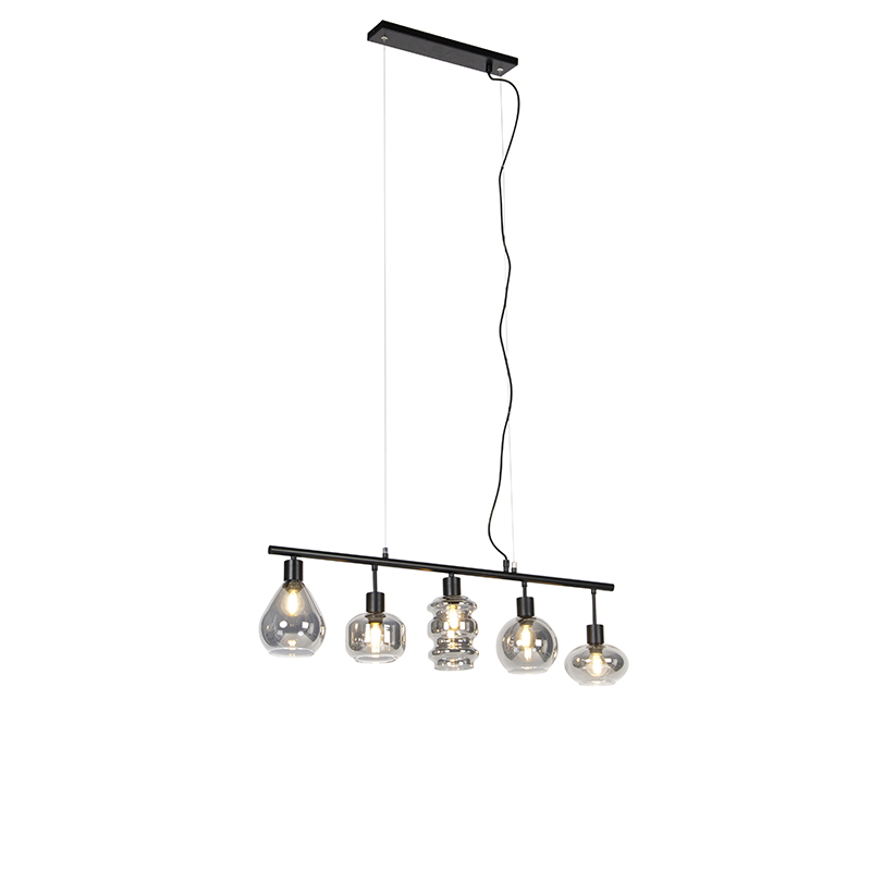 Art Deco závěsná lampa černá s kouřovým sklem 5 světel - Gil