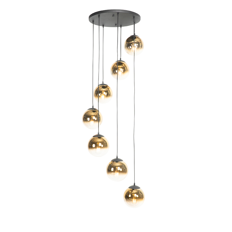 Art deco hanglamp zwart met goud glas 7-lichts - pallon