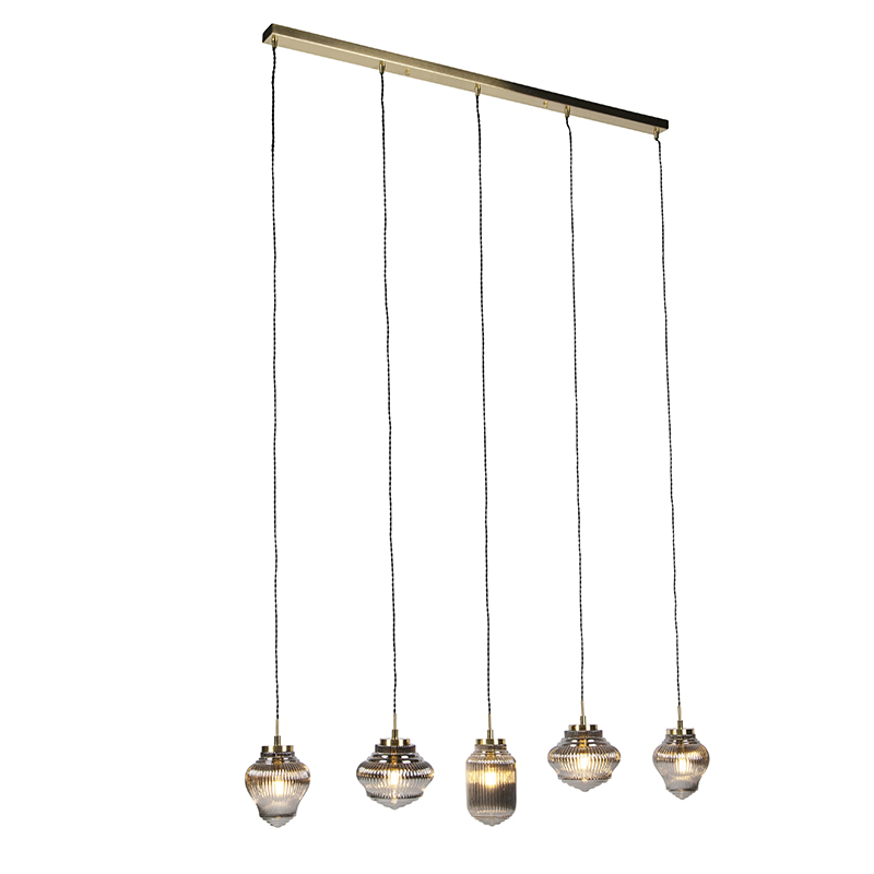 Art deco závěsná lampa mosaz s kouřovým sklem 5 světel - Bolsena
