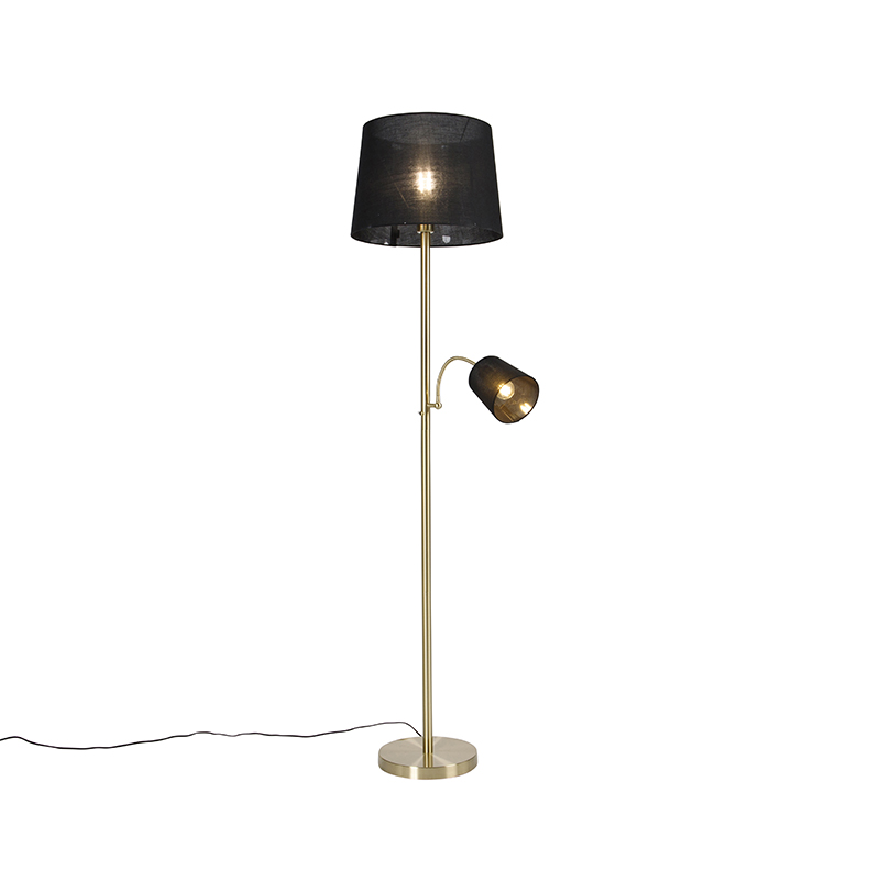 Klasická stojací lampa se zlatým látkovým odstínem černá s lampou na čtení - Retro