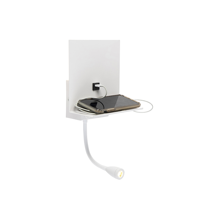 Moderní nástěnná lampa bílá s USB a flex ramenem - Flero