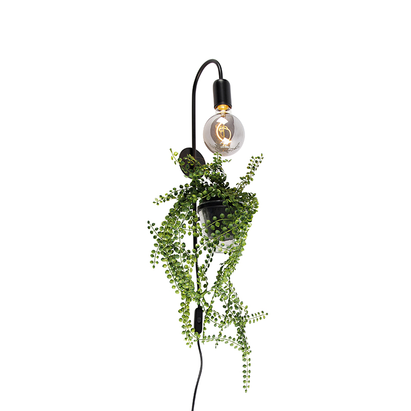 Moderní nástěnná lampa černá včetně kabelu se zástrčkou - Roslina