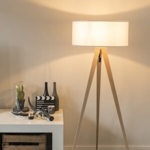 Moderní stojací lampa dřevo s bílým odstínem - Tripe