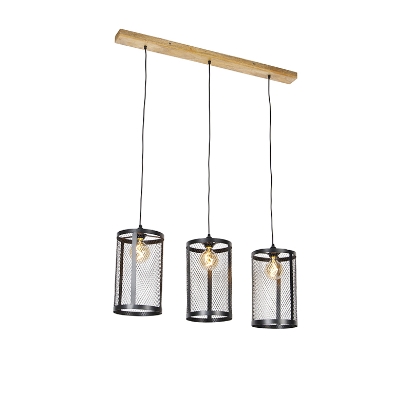 Průmyslová závěsná lampa černá se 3 světly ze dřeva - Cage Robusto