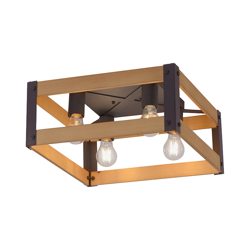 Průmyslové stropní svítidlo černé se 4 světly ze dřeva - Krati