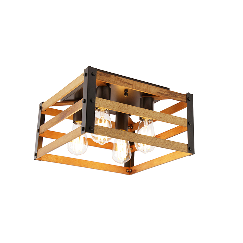 Průmyslové stropní svítidlo černé se 4 světly ze dřeva - Paleta Mai
