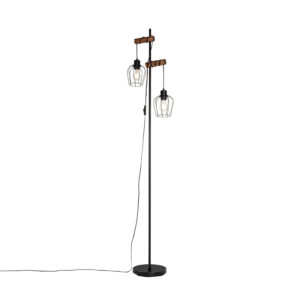 Venkovská stojací lampa černá se dřevem 2 -světlo - Stronk