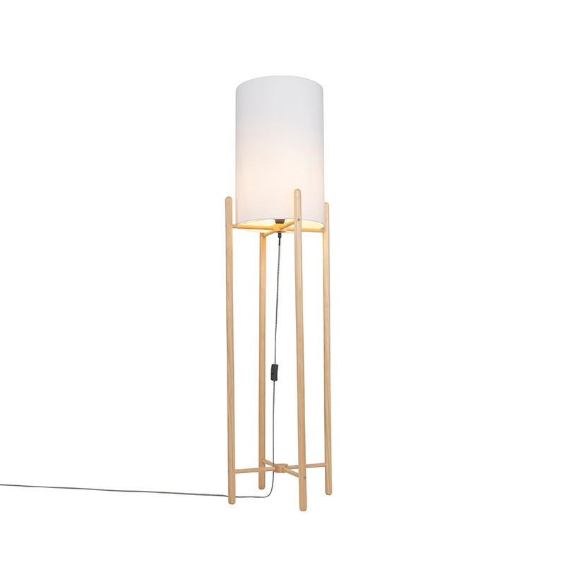 Venkovská stojací lampa dřevo s bílým odstínem - Lengi