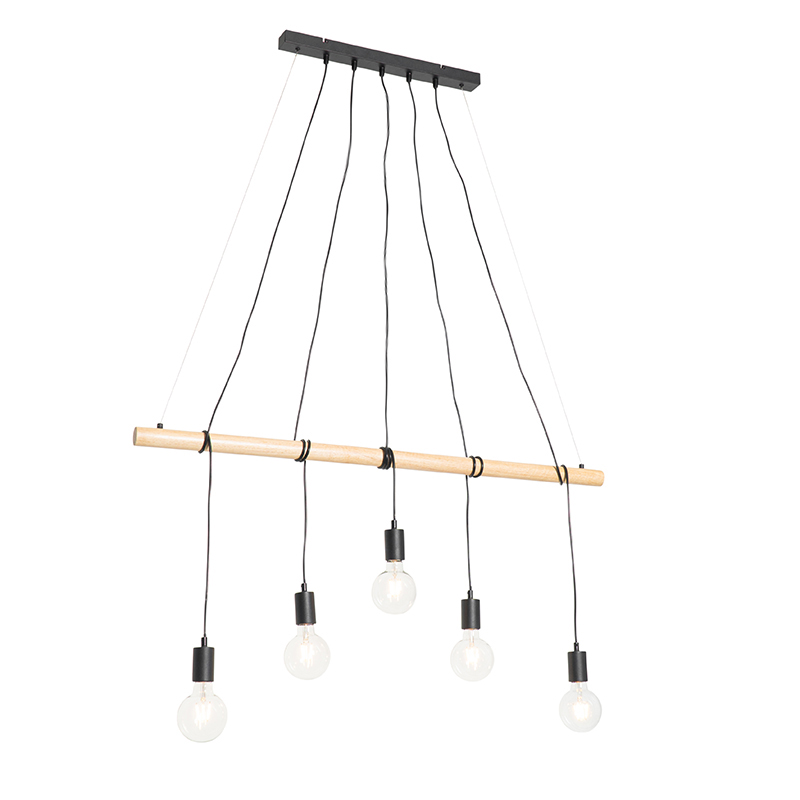 Venkovská závěsná lampa černá s dřevěným světlem 5 - Dami