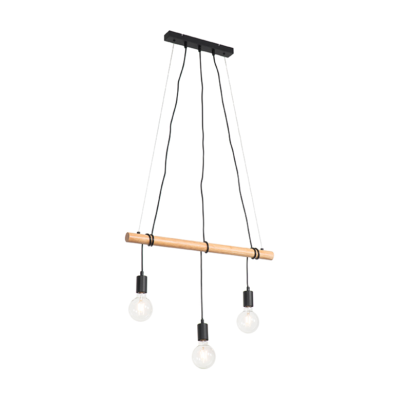 Venkovská závěsná lampa černá se 3 světly ze dřeva - Dami