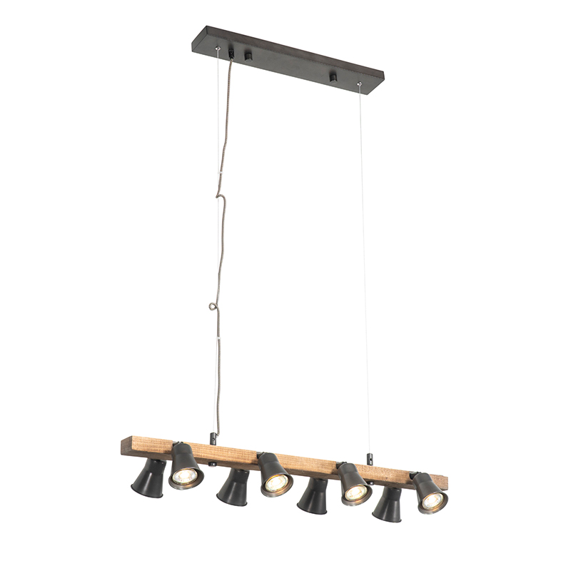 Venkovská závěsná lampa černá se dřevem 8 světel - Jelle