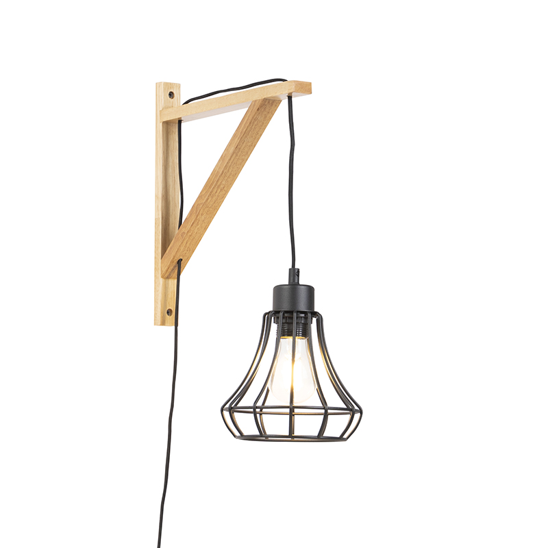 Venkovské nástěnné svítidlo dřevo s černým rámem - kat