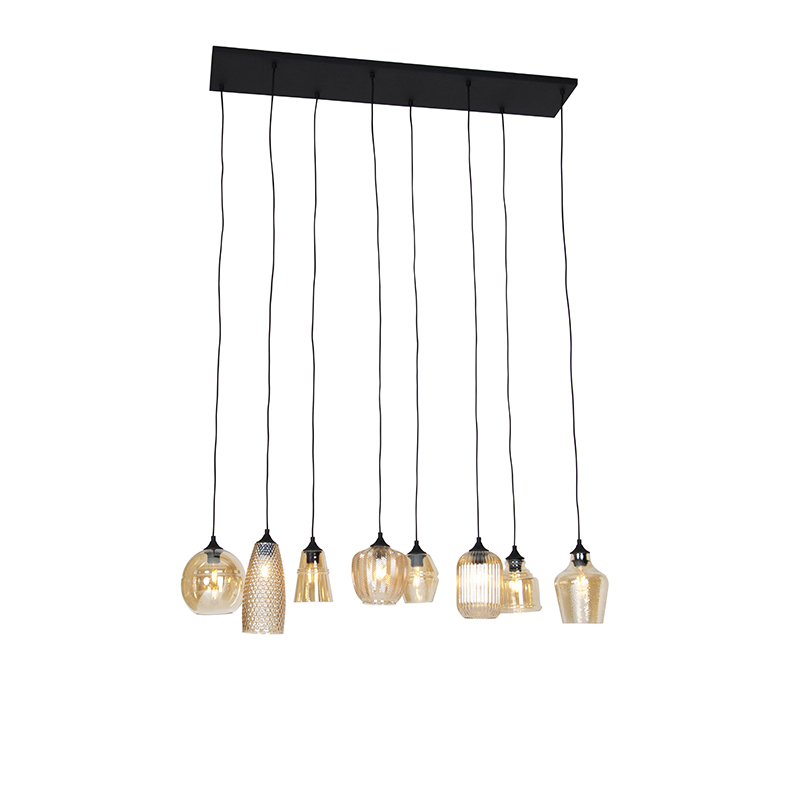 Art deco hanglamp zwart met amber glas 8-lichts - Hanne