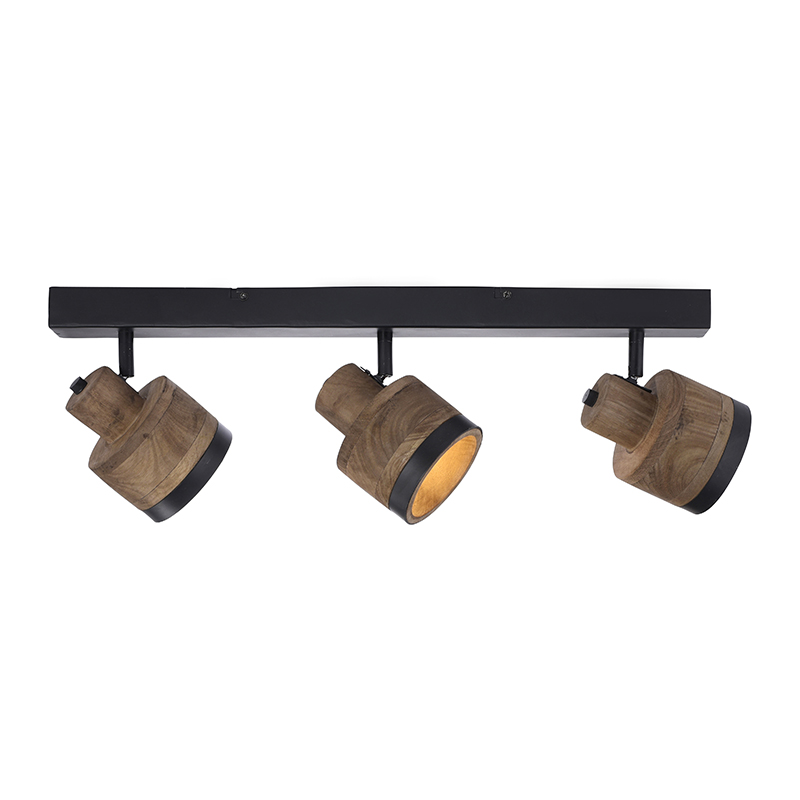 Vintage stropní bodová černá se dřevem 3-light - Romy